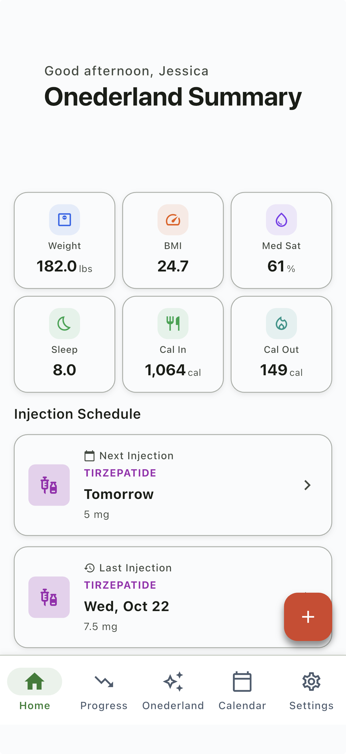 Onederland dashboard with weight, sleep, and injection summary